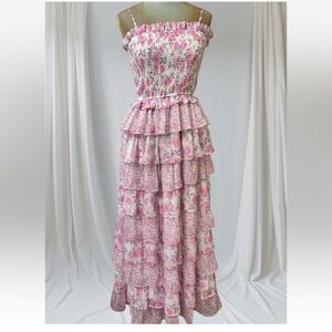 Dalia MacPhee Smocked Bodice Ruffel Tiered Floral Pink Dress Size M